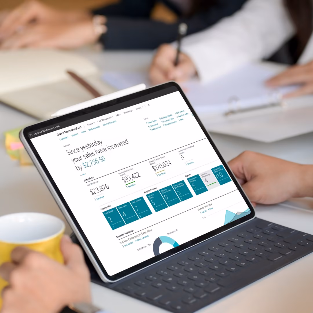 Dynamics 365 Business Central dashboard shown on a tablet