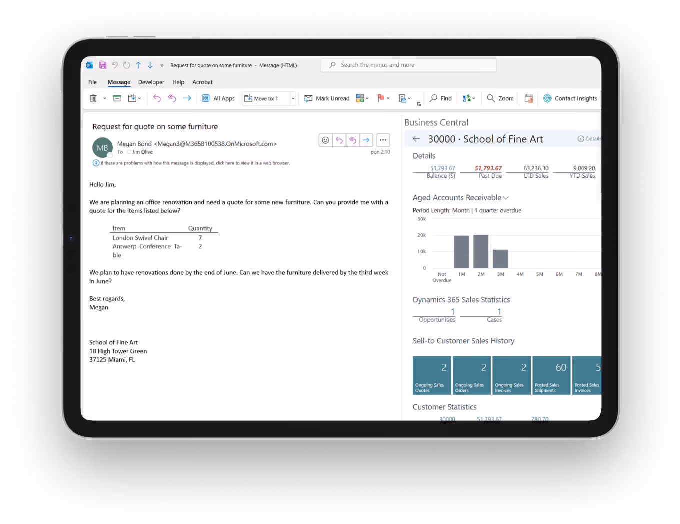 Business Central customer card open next to a quote request in Outlook, on a tablet