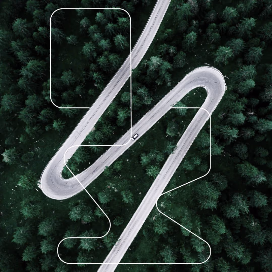 Aerial view of a winding road through dense forest