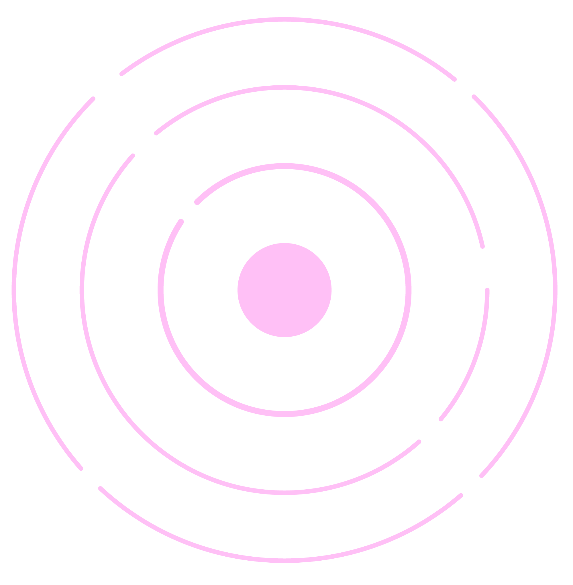 Concentric circular pink lines with gaps, centered on a solid pink circle on black background.