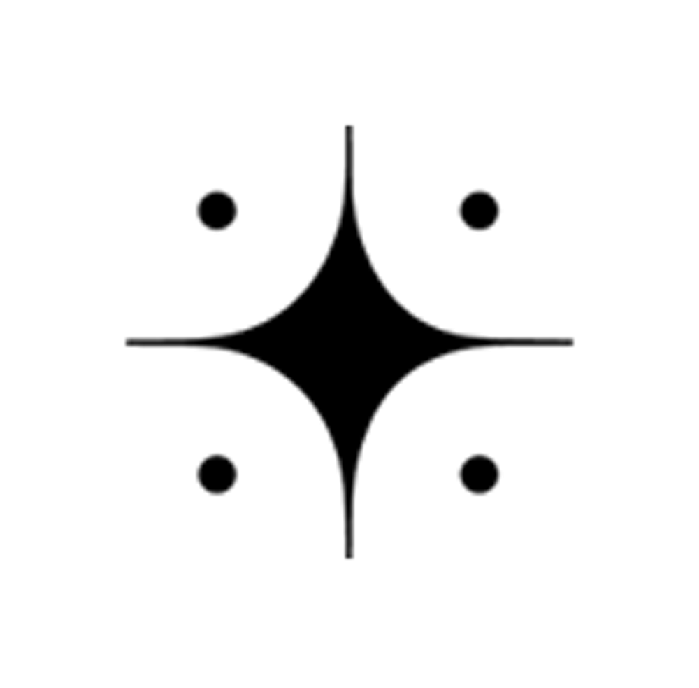 Black diamond star shape with four rounded points and a small black dot near each tip.