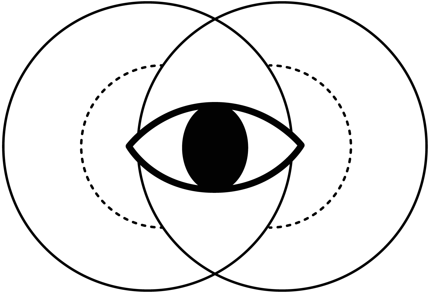 Black eye icon centered within overlapping circular outline shapes on a transparent background.