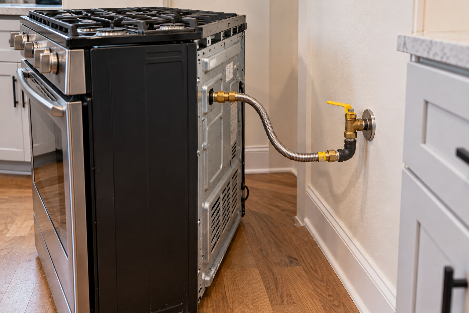 Gas range pulled from the wall showing its flexible gas connector and wall shutoff valve