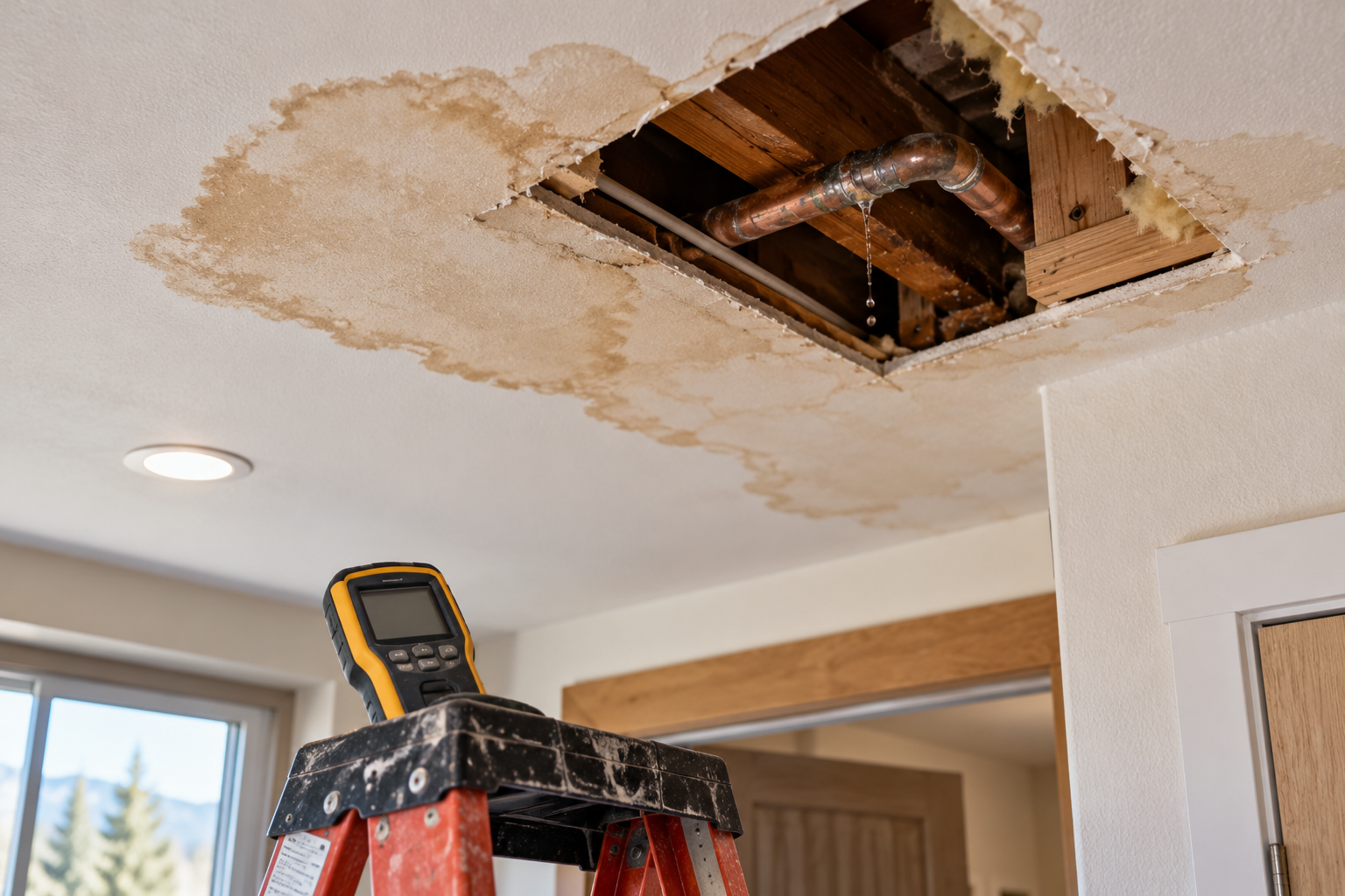Water-stained ceiling opened up to expose a dripping copper pipe, moisture meter on a ladder