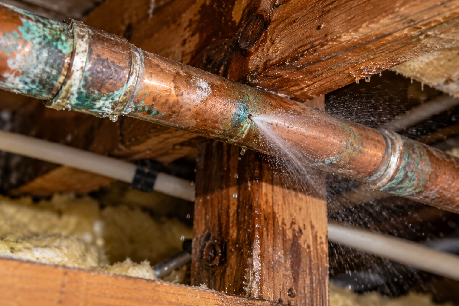 Corroded copper pipe with a pinhole leak spraying water in a crawlspace