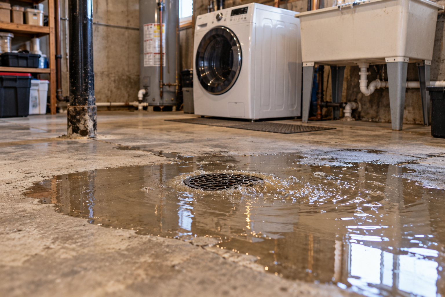 Basement floor drain backing up with water pooling across the concrete floor