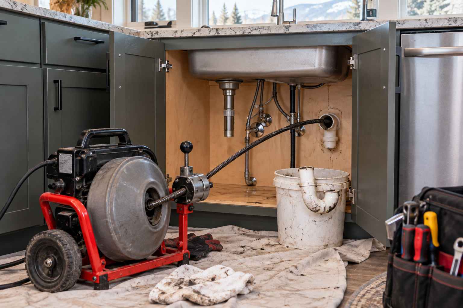 Drain cleaning machine with its cable fed into a kitchen sink drain line, P-trap removed into a bucket