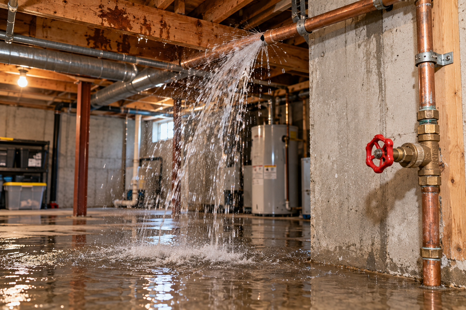 Burst copper pipe spraying water across a flooded basement floor