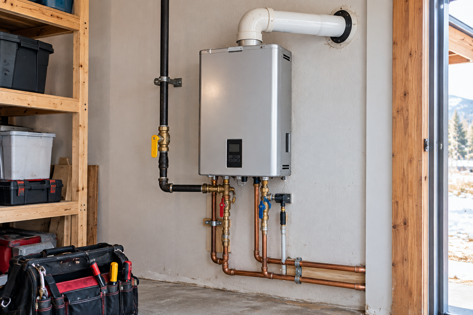 Wall-mounted tankless gas water heater with copper water lines and gas shutoff valve