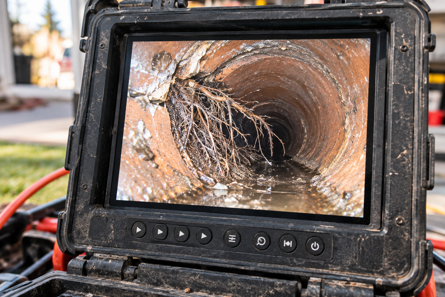 Sewer camera monitor showing tree roots growing through a clay pipe joint