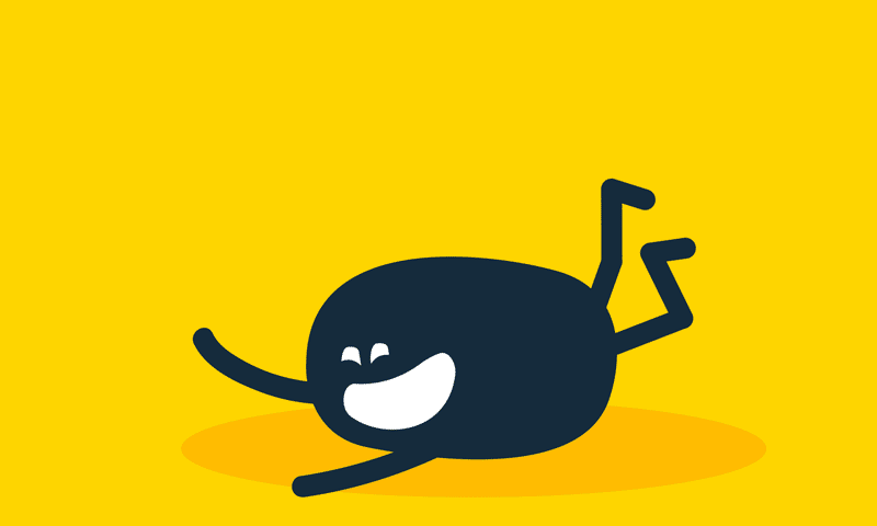 Petit personnage noir souriant, allongé sur un fond jaune
