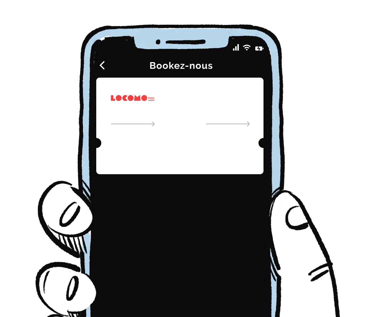 Illustration d'une main tenant un smartphone sur l'écran « Bookez-nous » avec le logo Locomo