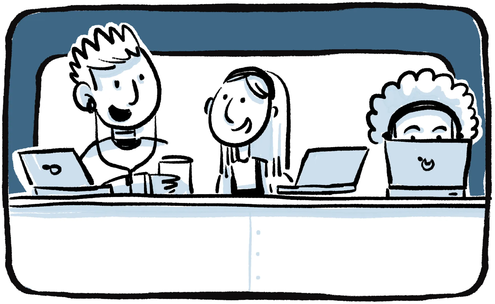 Illustration de trois passagers de train travaillant côte à côte sur leurs ordinateurs portables