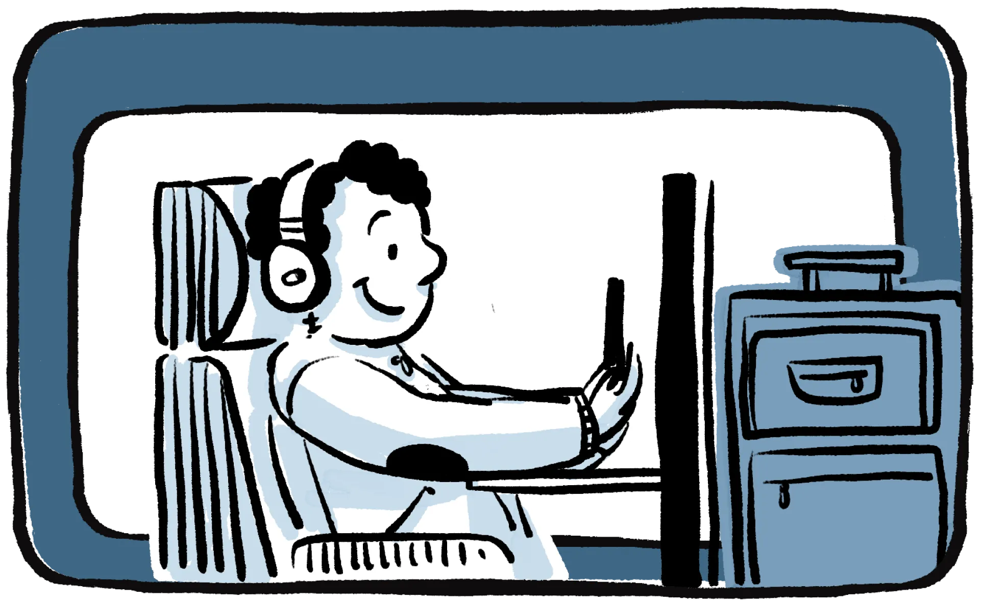 Illustration d'un passager de train avec un casque audio, souriant devant son téléphone