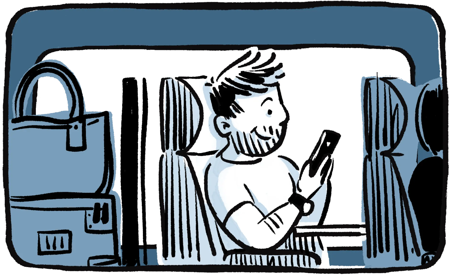 Illustration d'un passager barbu consultant son smartphone, un sac posé à côté de lui