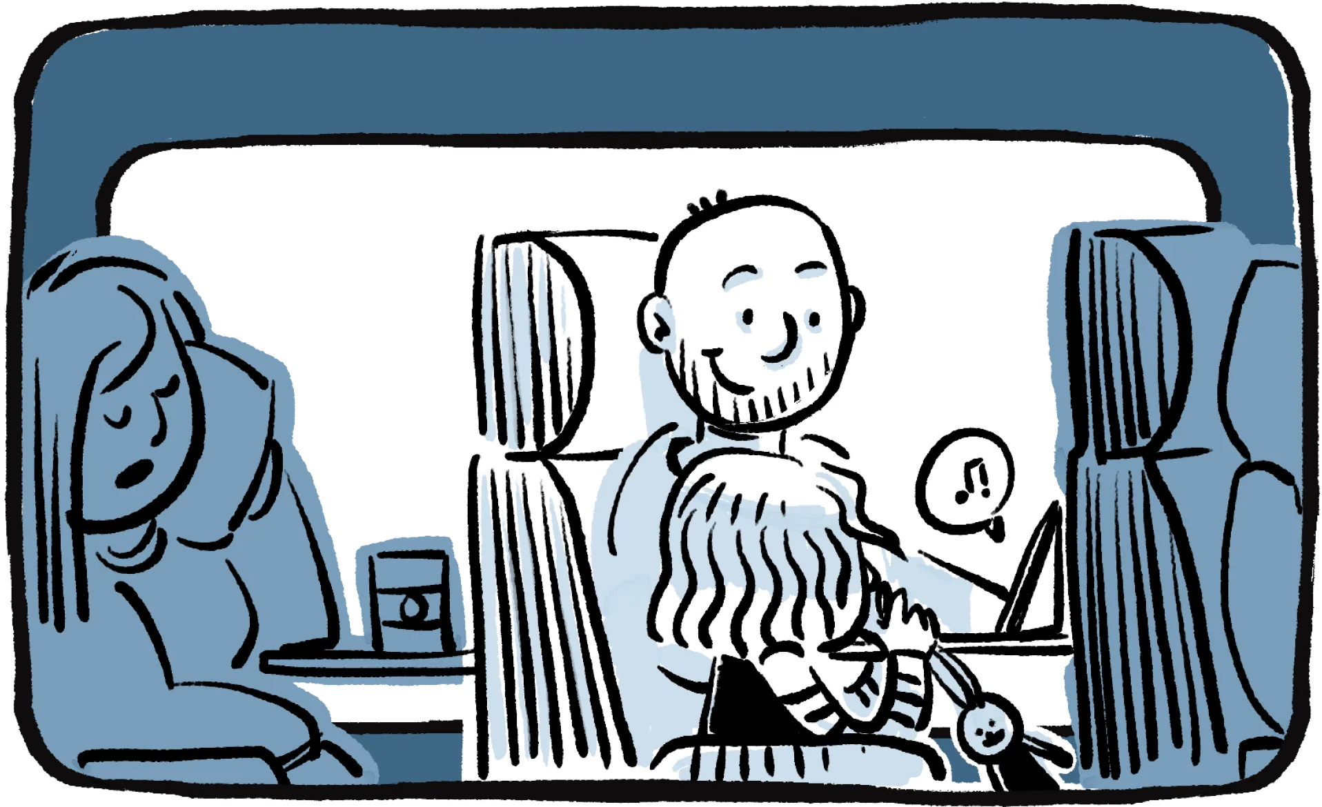 Illustration d'un père souriant avec son enfant dans un wagon, une passagère endormie derrière eux