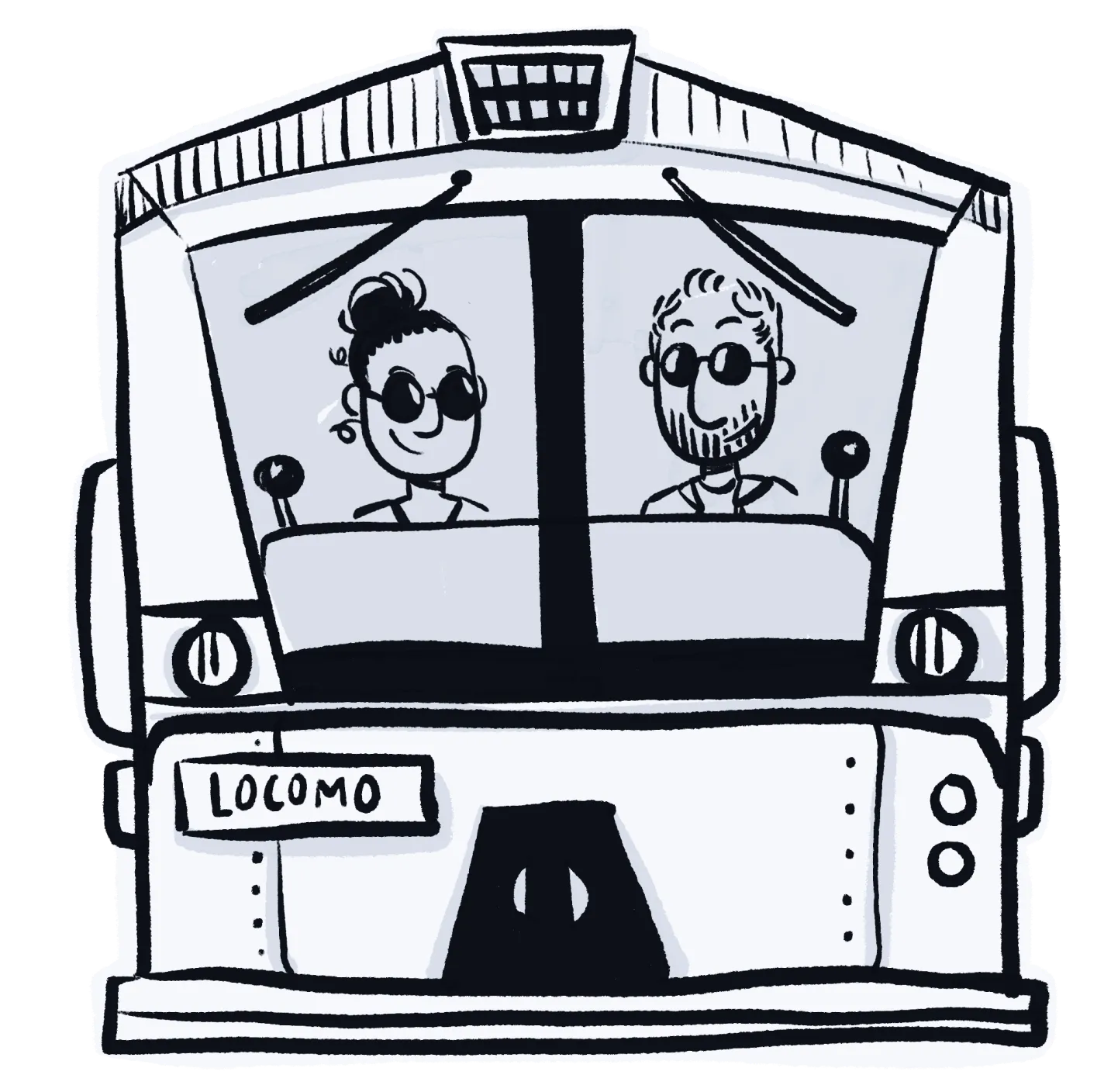 Marie Cottu et Arnaud Delpit en lunettes de soleil dans la cabine de pilotage de la locomotive Locomo