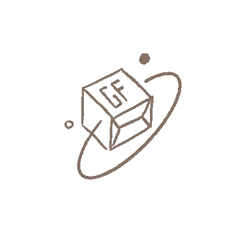 Cube marqué « GF » entouré d'une orbite, dessiné à la main