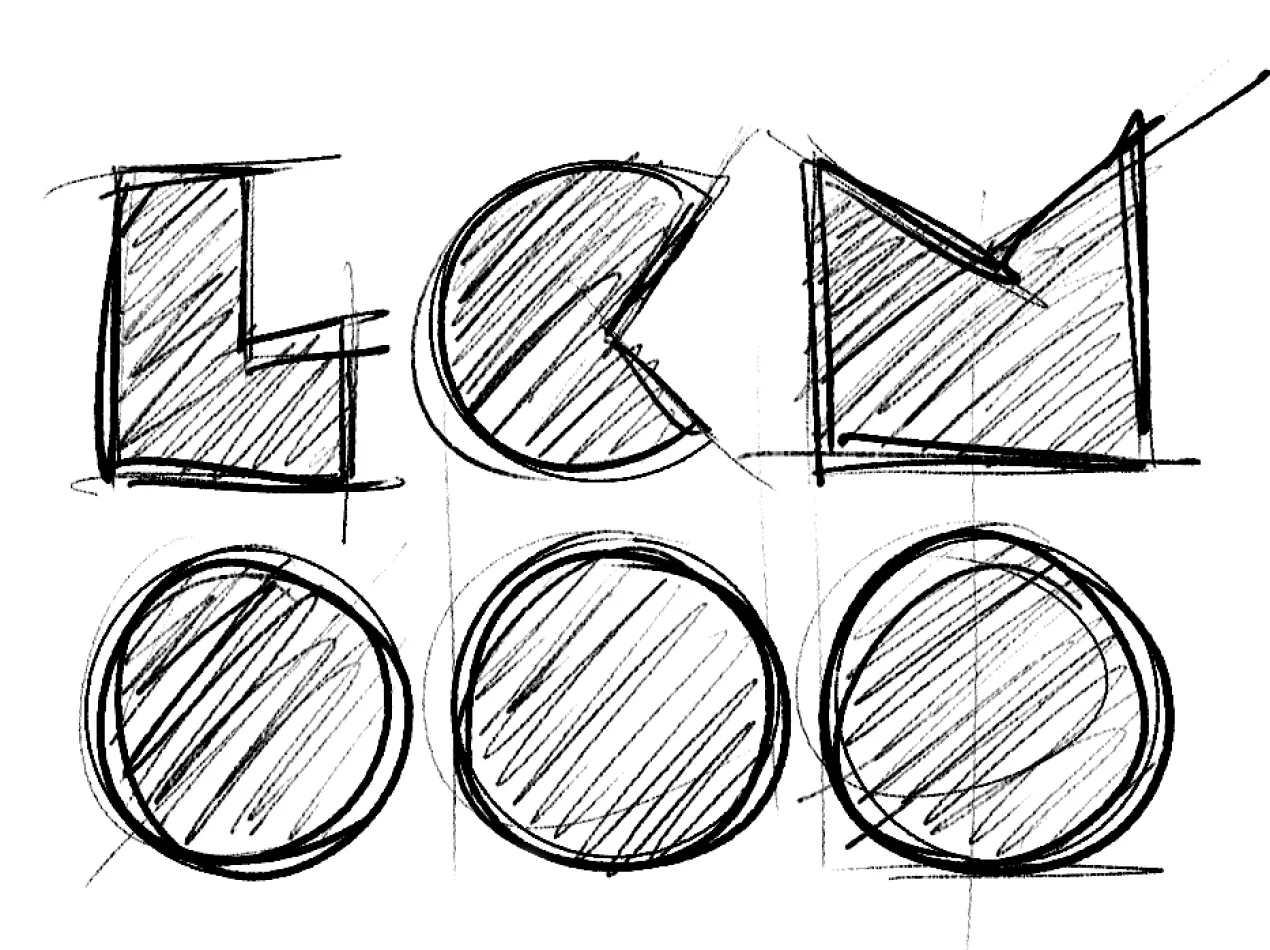 Croquis au crayon des lettres du logo Locomo