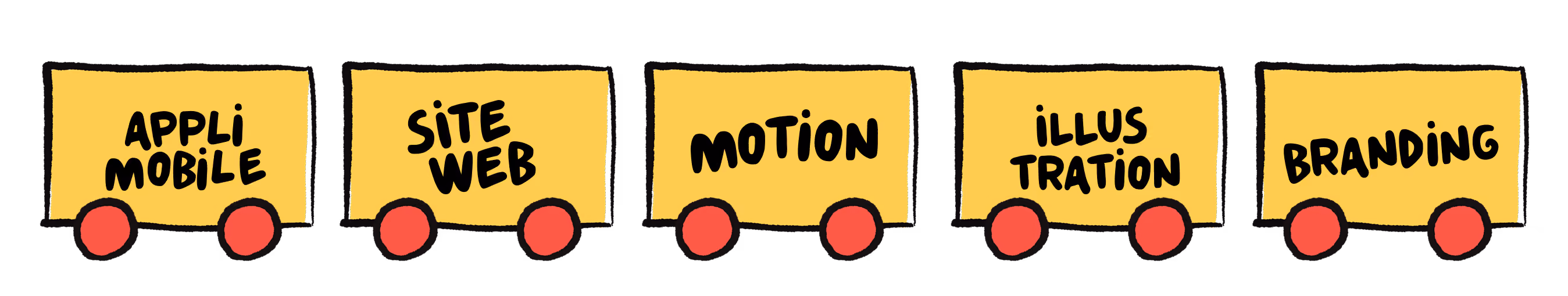 Petits wagons jaunes dessinés à la main : appli mobile, site web, motion, illustration, branding