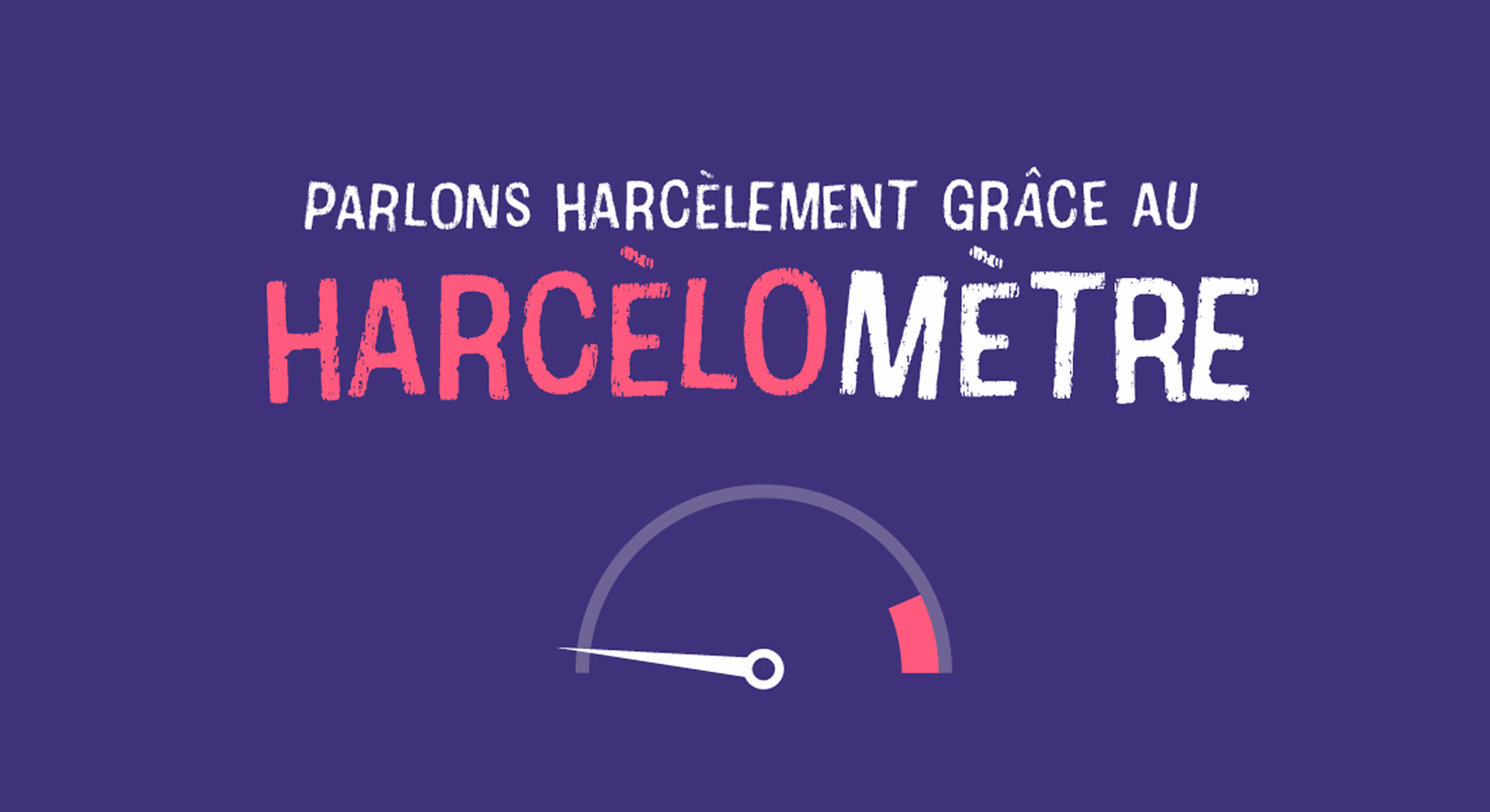 Titre « Parlons harcèlement grâce au harcèlomètre » avec un cadran, sur fond violet