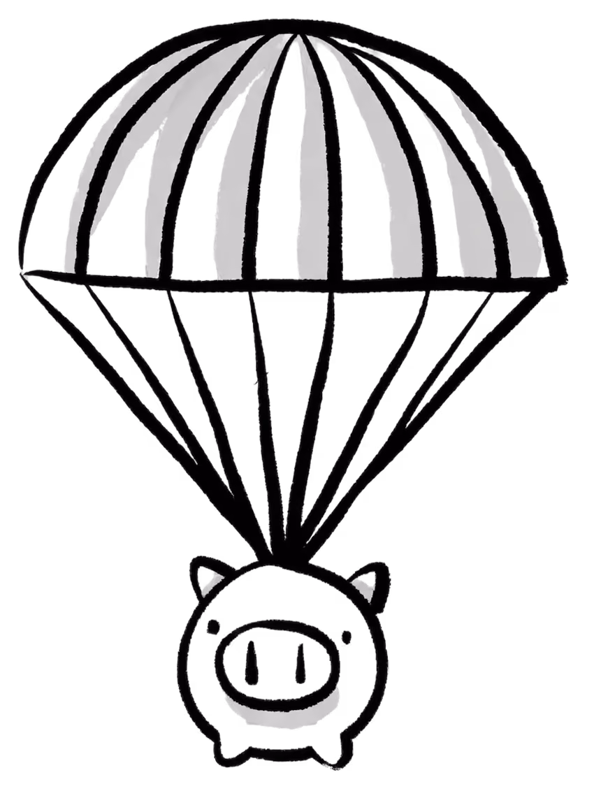 Cochon suspendu à un parachute, dessiné à la main