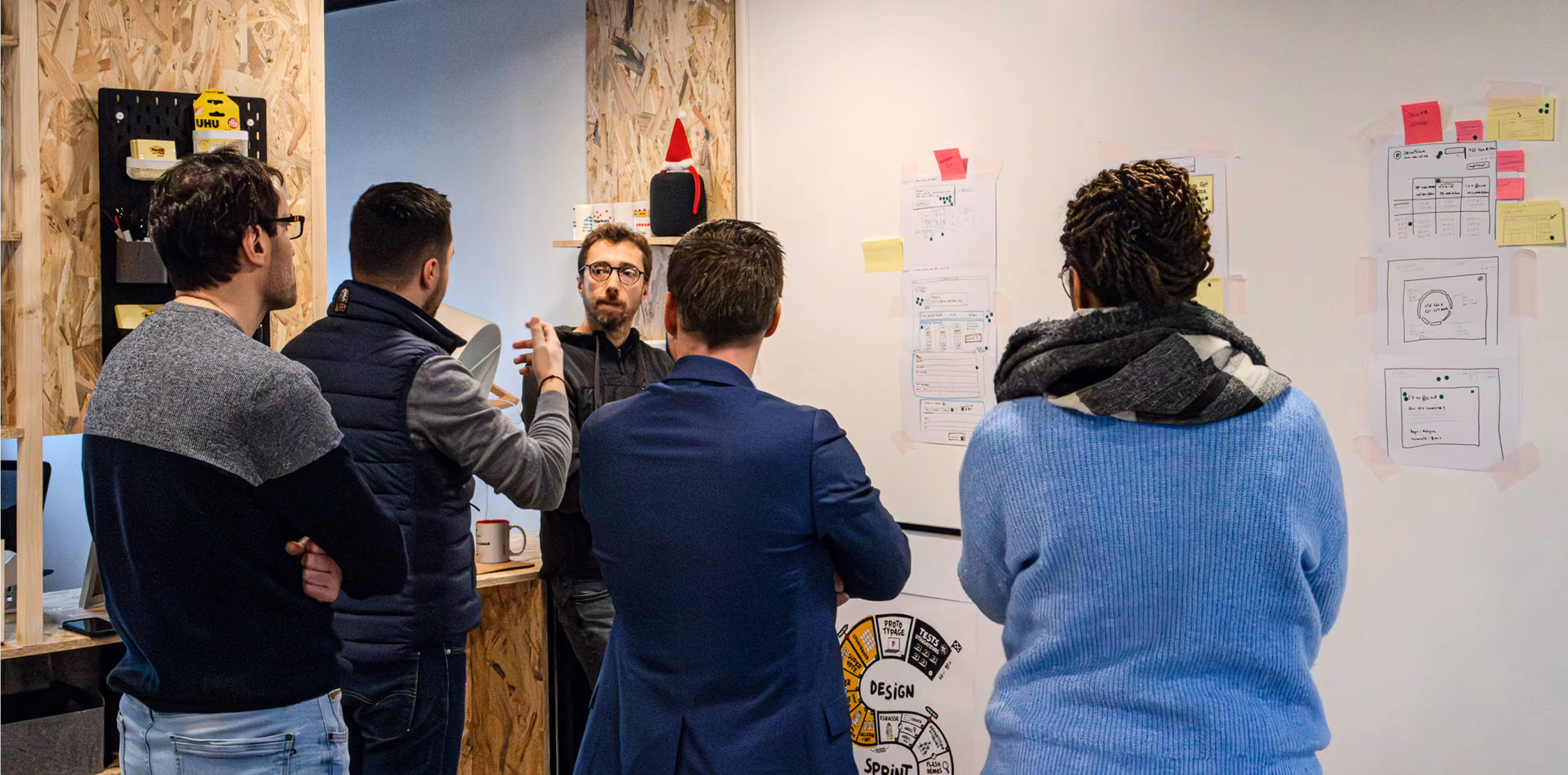 Cinq personnes debout devant un mur de post-it lors d'un atelier
