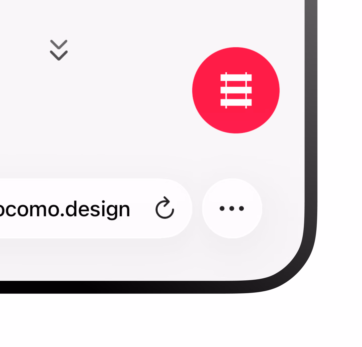 Gros plan sur un smartphone : barre d'adresse du navigateur sur locomo.design et bouton de menu rouge