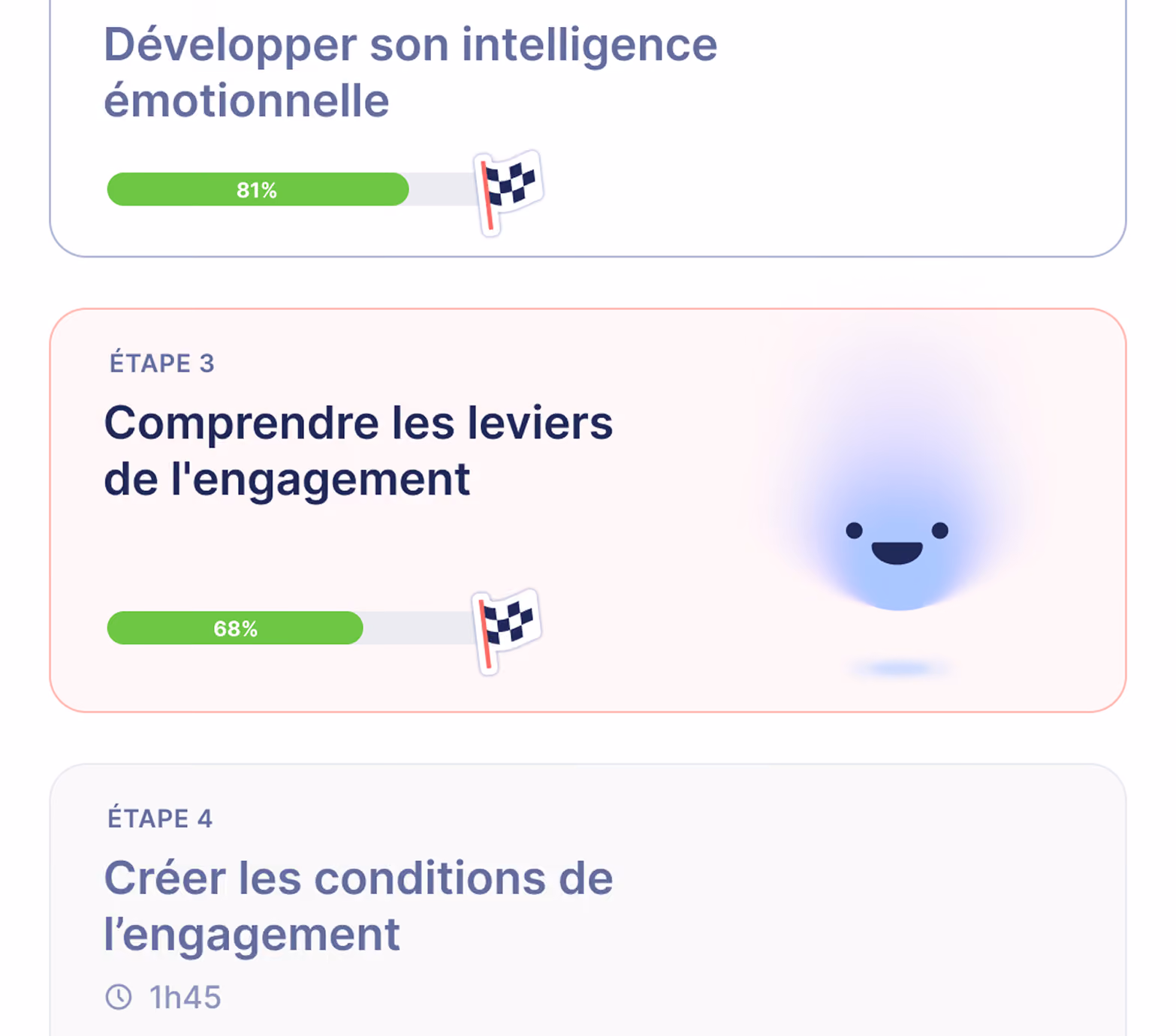 Maquette d'application : parcours « Développer son intelligence émotionnelle » avec barres de progression