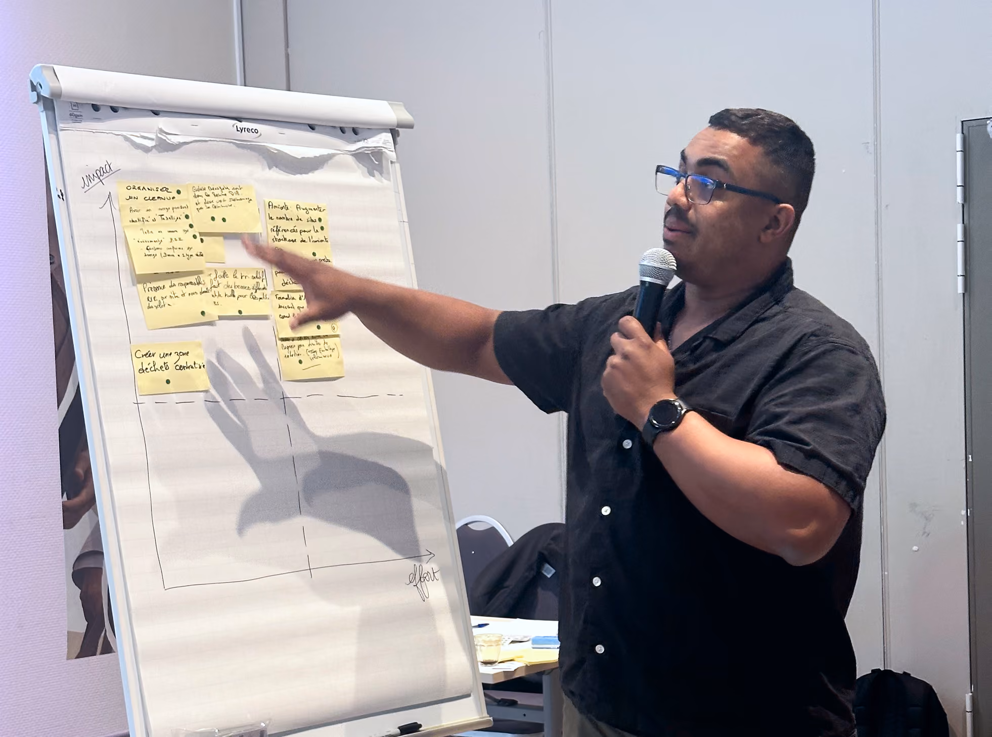 Homme au micro désignant des post-it collés sur un paperboard