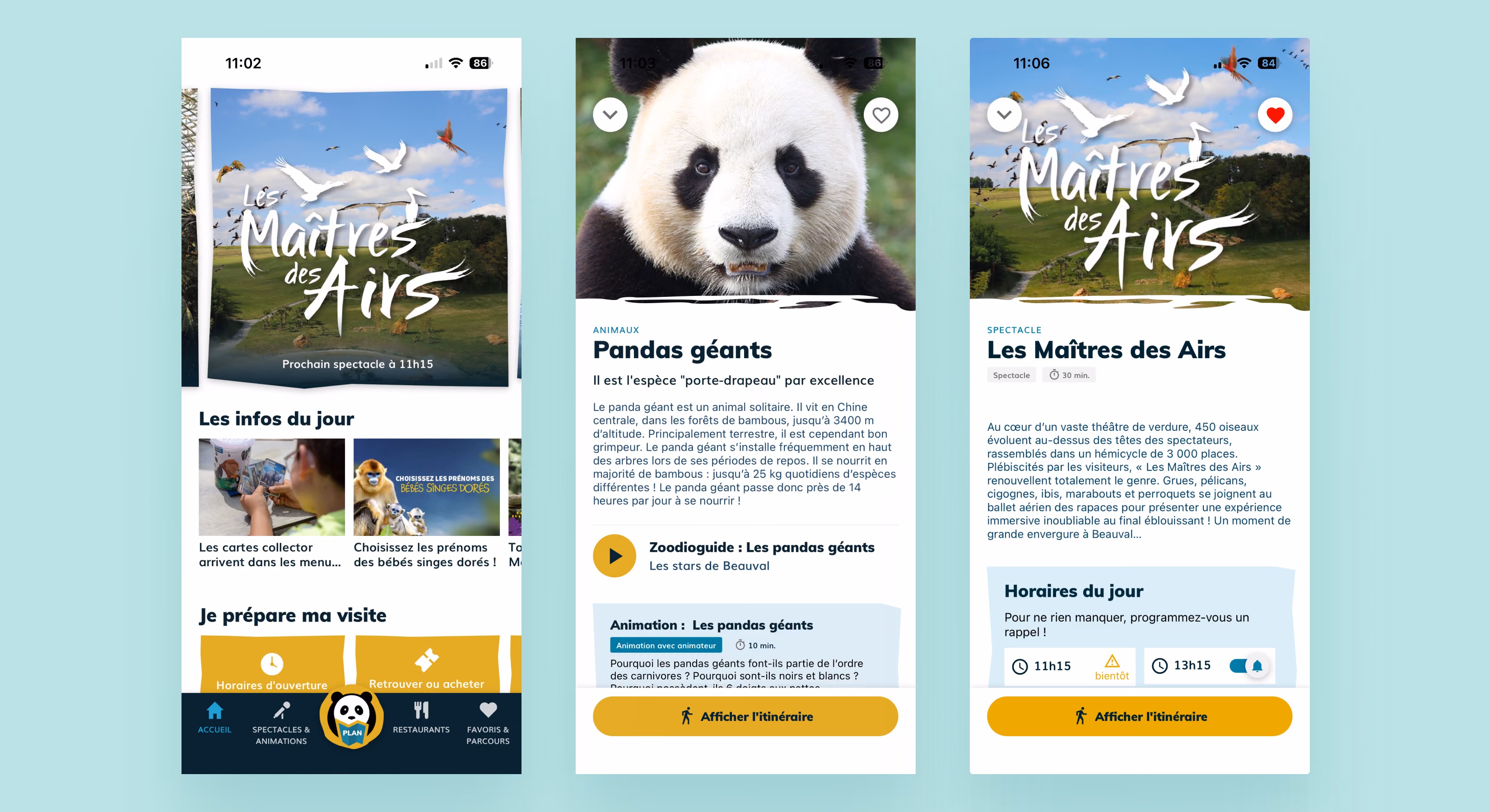 Trois écrans de l'application : « Les Maîtres des Airs » et pandas géants
