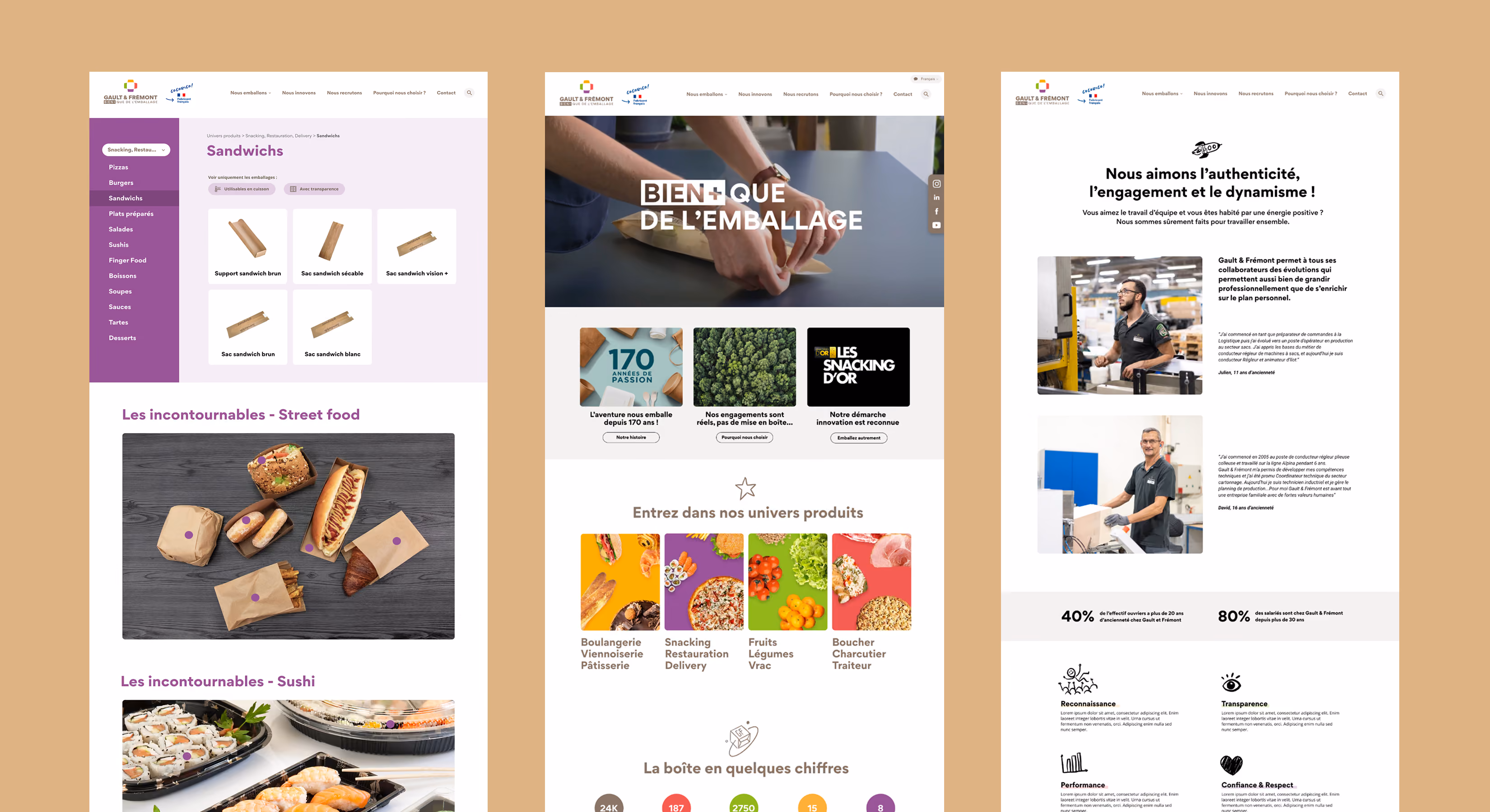 Trois pages du site Gault & Frémont : sandwichs, plateaux et engagements