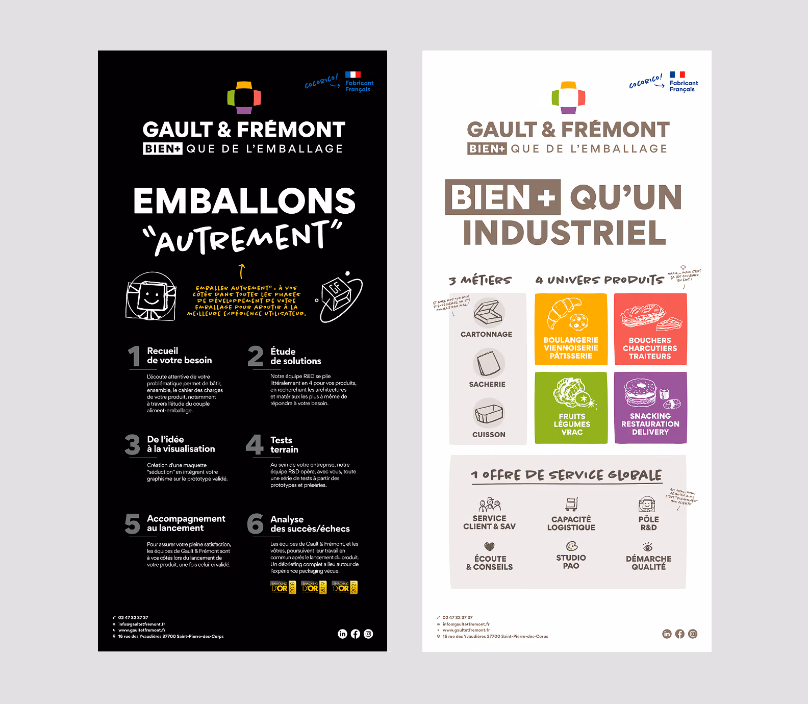 Deux kakémonos Gault & Frémont : « Emballons autrement » et « Bien + qu'un industriel »