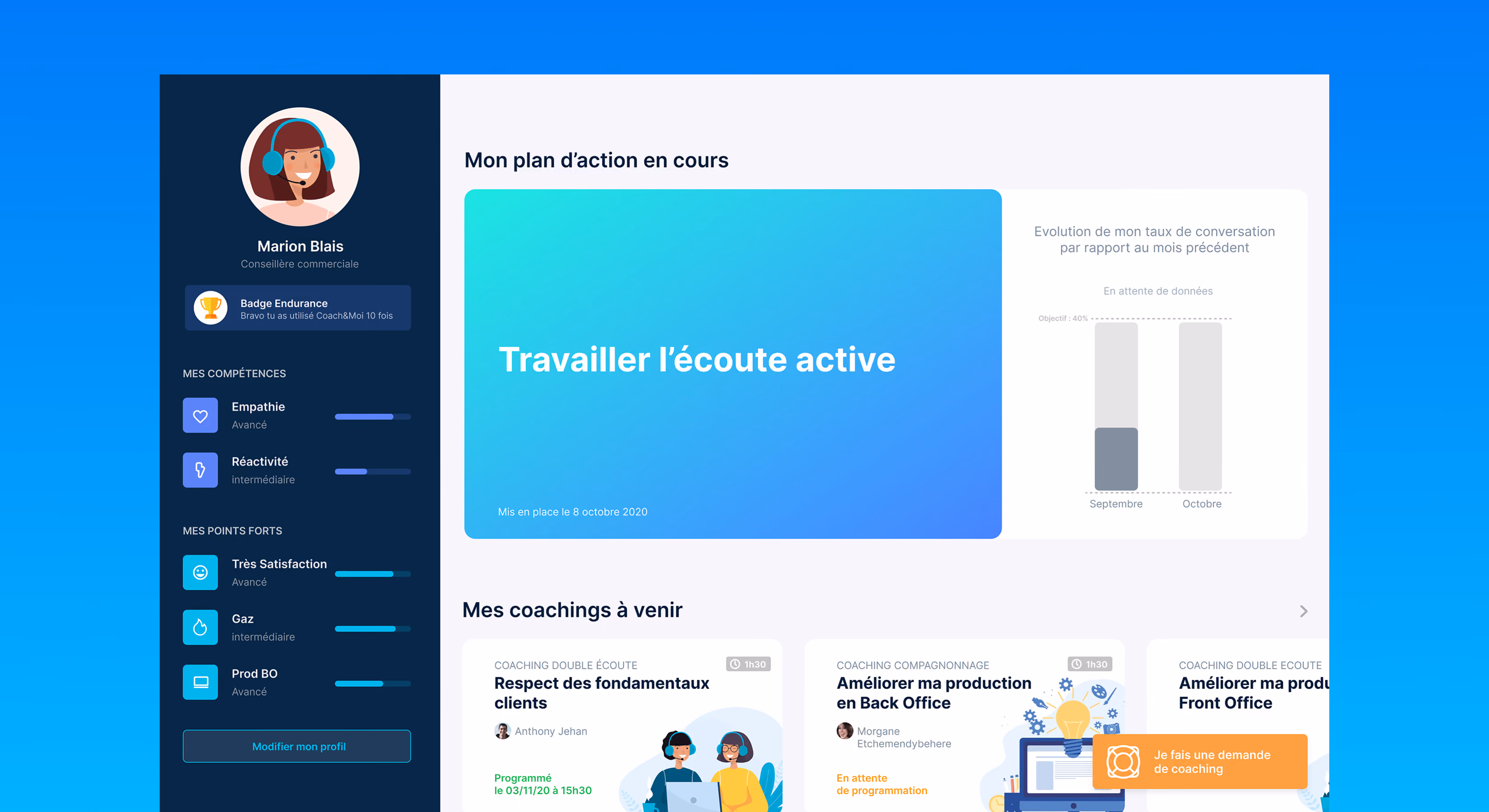 Interface « Mon plan d'action en cours » avec une carte « Travailler l'écoute active »