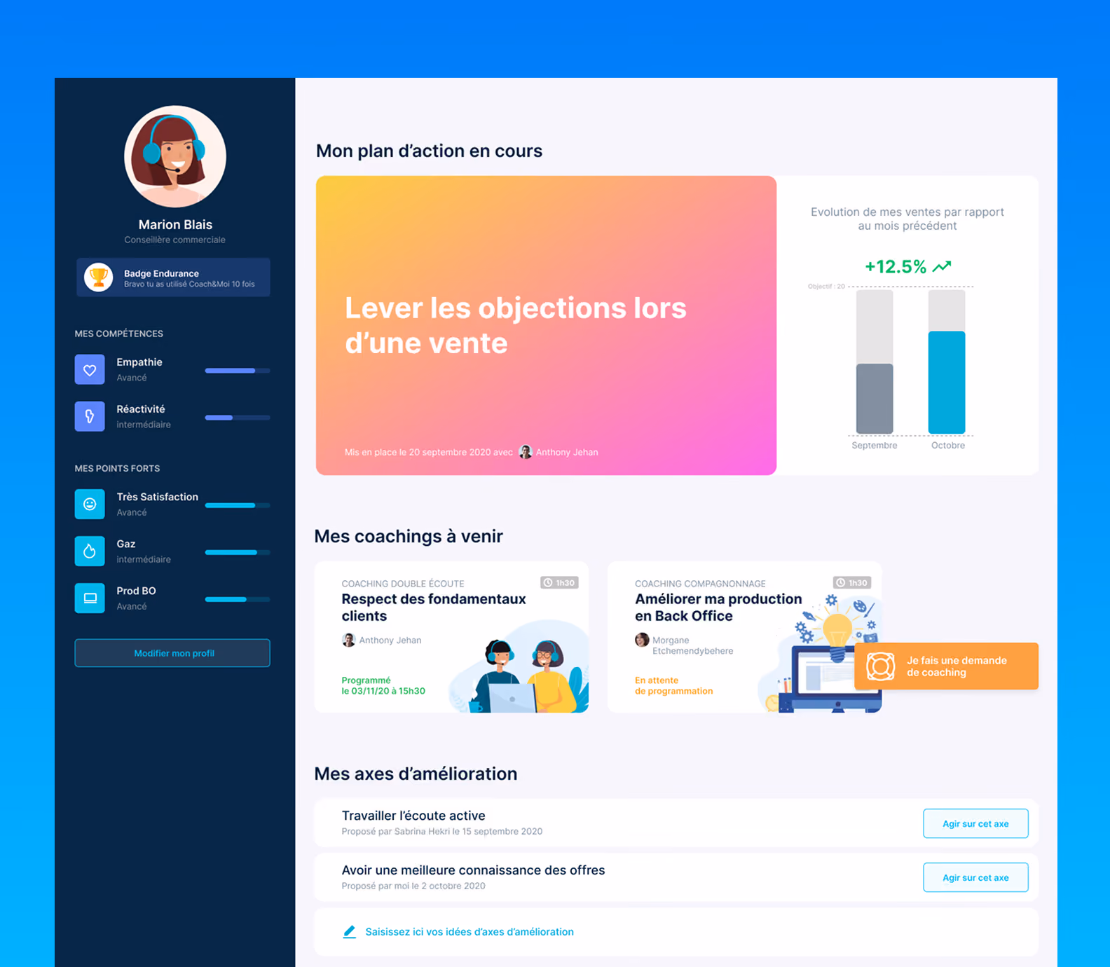 Tableau de bord « Mon plan d'action en cours » avec la carte « Lever les objections lors d'une vente »