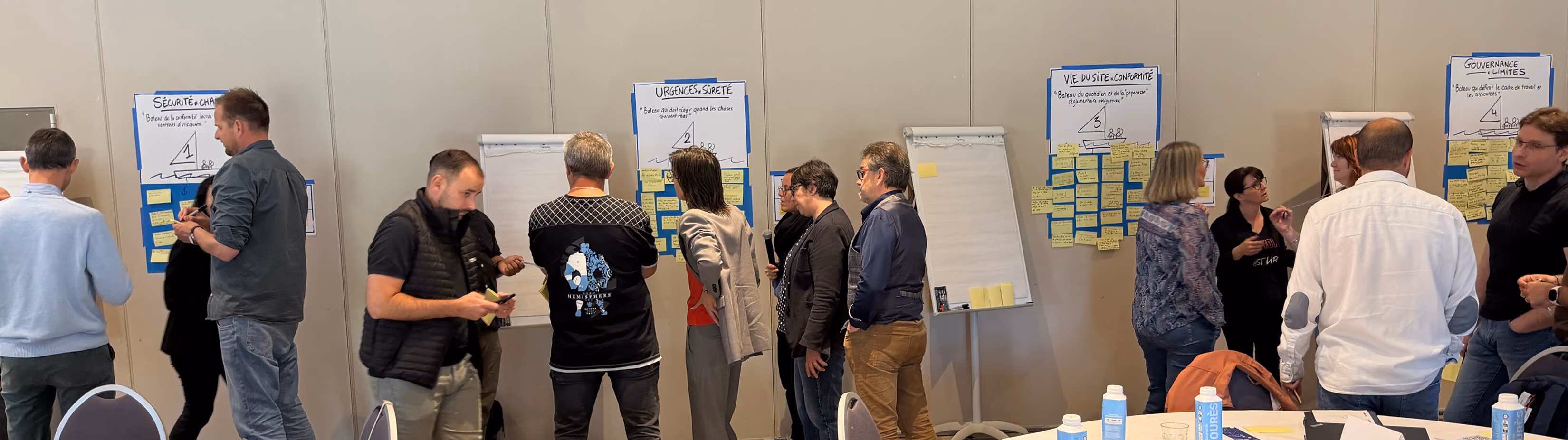 Vue panoramique de participants debout devant des panneaux de post-it dans une salle de séminaire