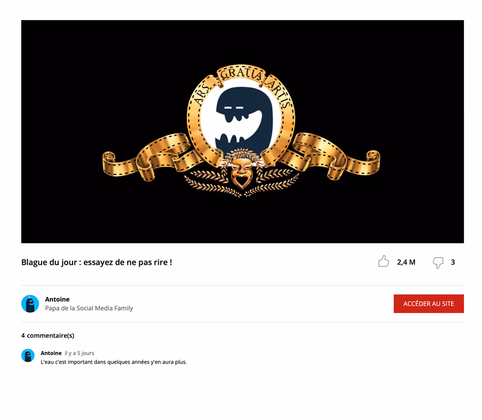 Capture d'une vidéo « Blague du jour » où le lion de la MGM est remplacé par un monstre, avec ses commentaires