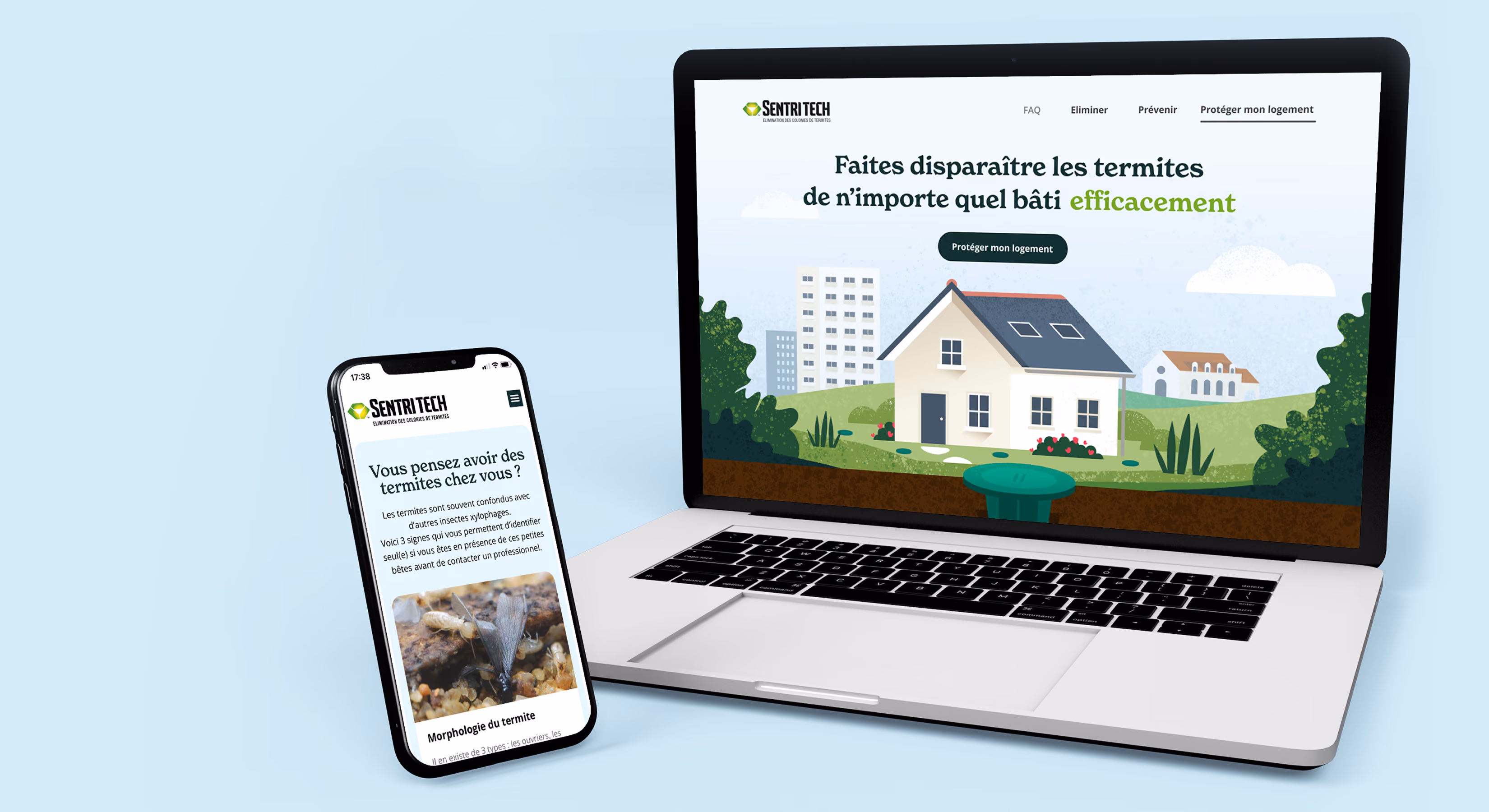 Site Sentri Tech affiché sur un ordinateur portable et un smartphone : « Faites disparaître les termites »