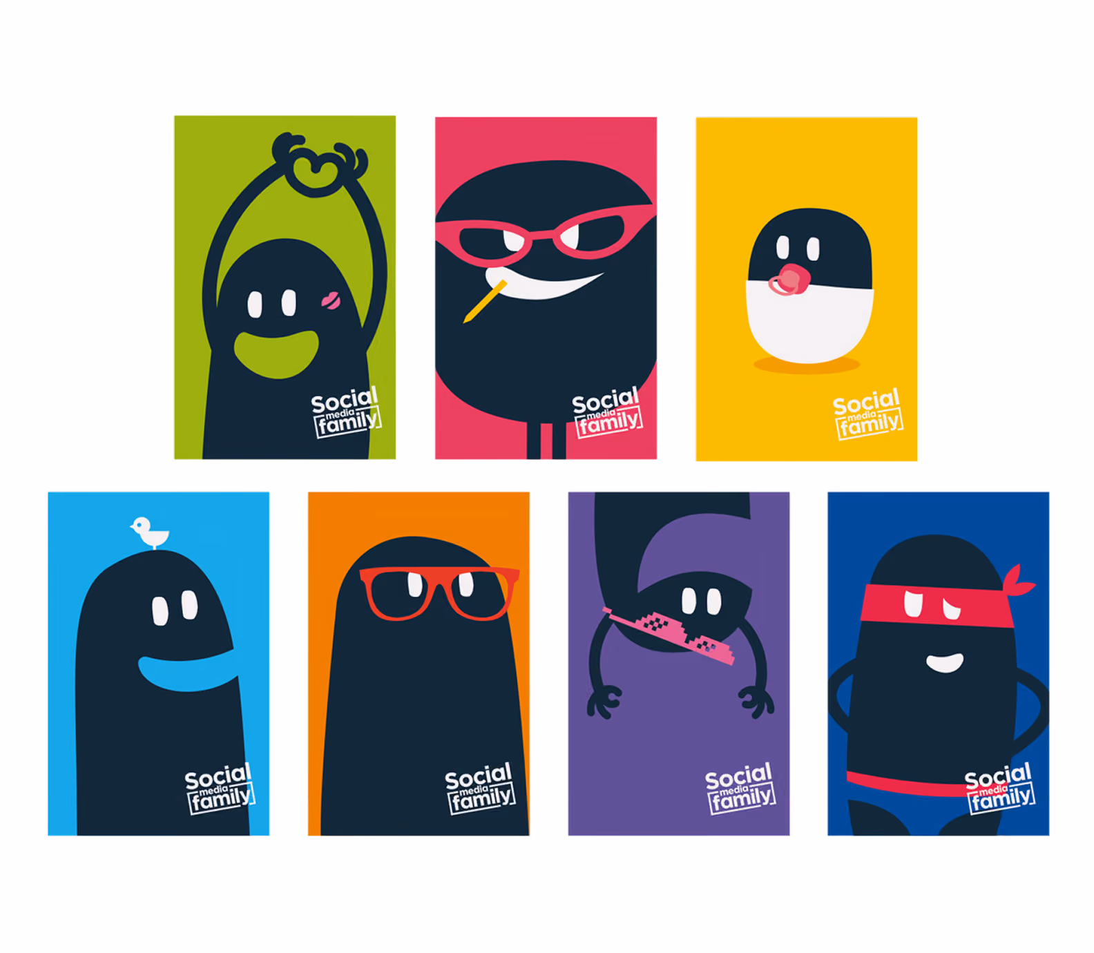 Sept affiches de personnages noirs de la Social Media Family sur fonds colorés