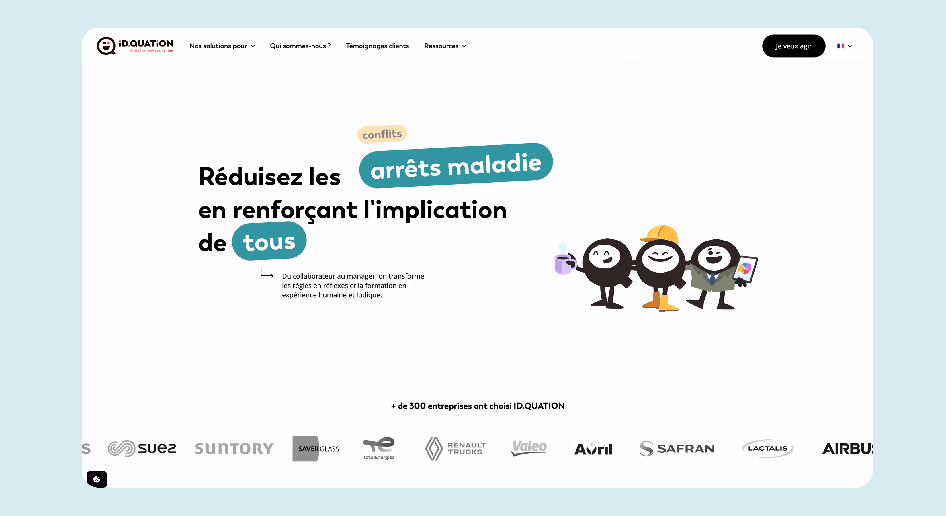 Page d'accueil du site iD.QUATiON : « Réduisez les arrêts maladie en renforçant l'implication de tous »