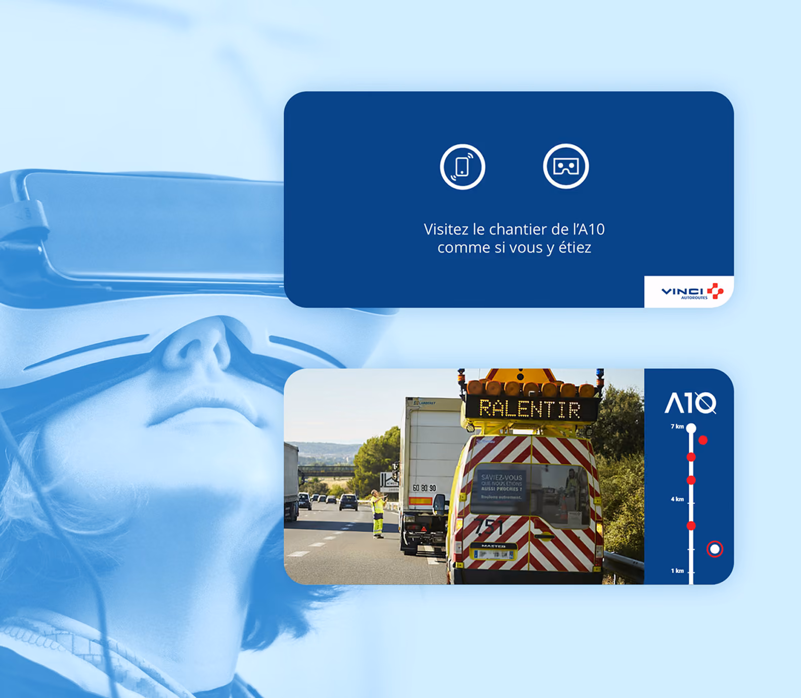 Visite virtuelle du chantier de l'A10 : casque de réalité virtuelle et écrans d'interface