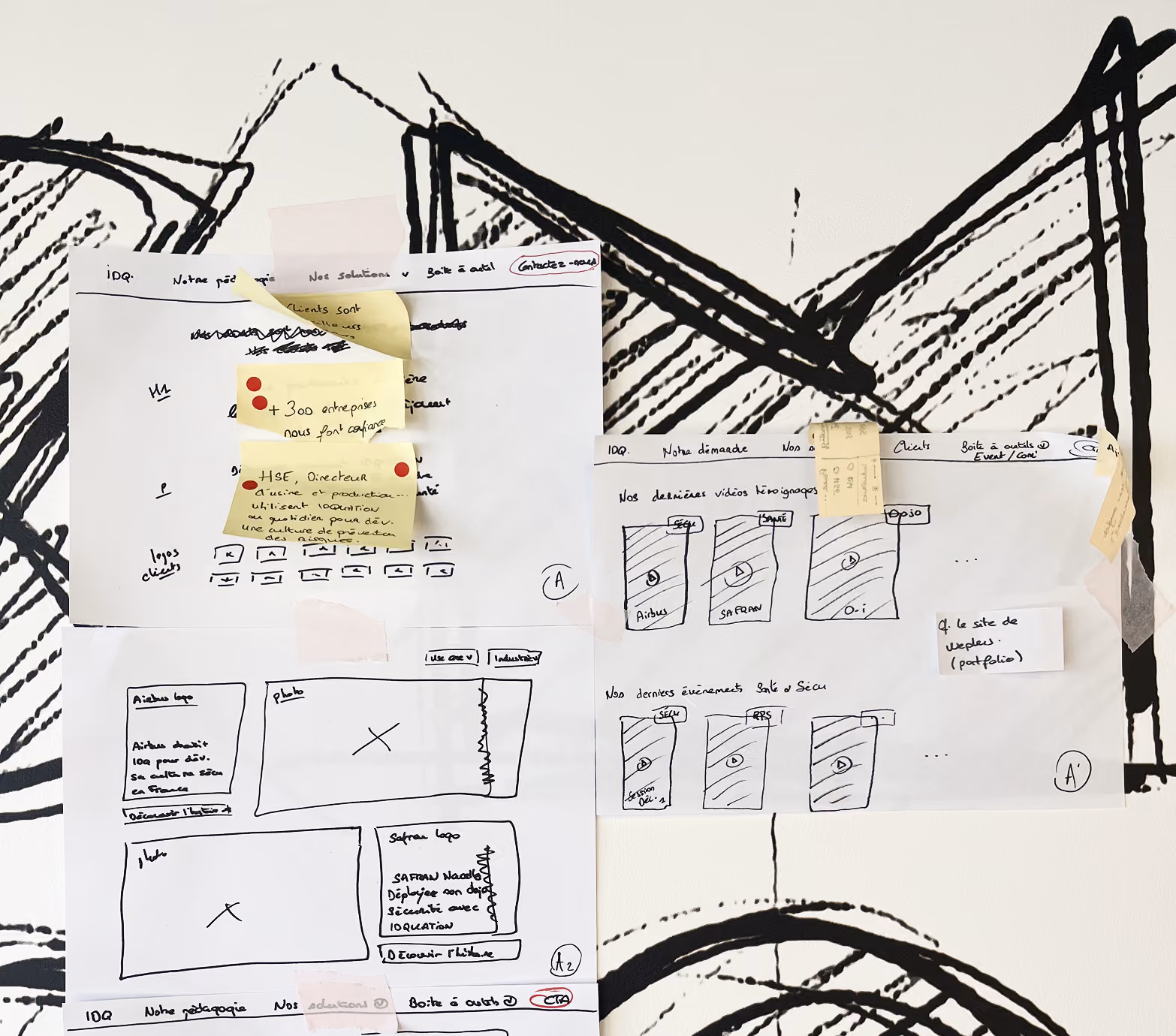 Maquettes de pages web dessinées sur papier et collées sous le logo Locomo
