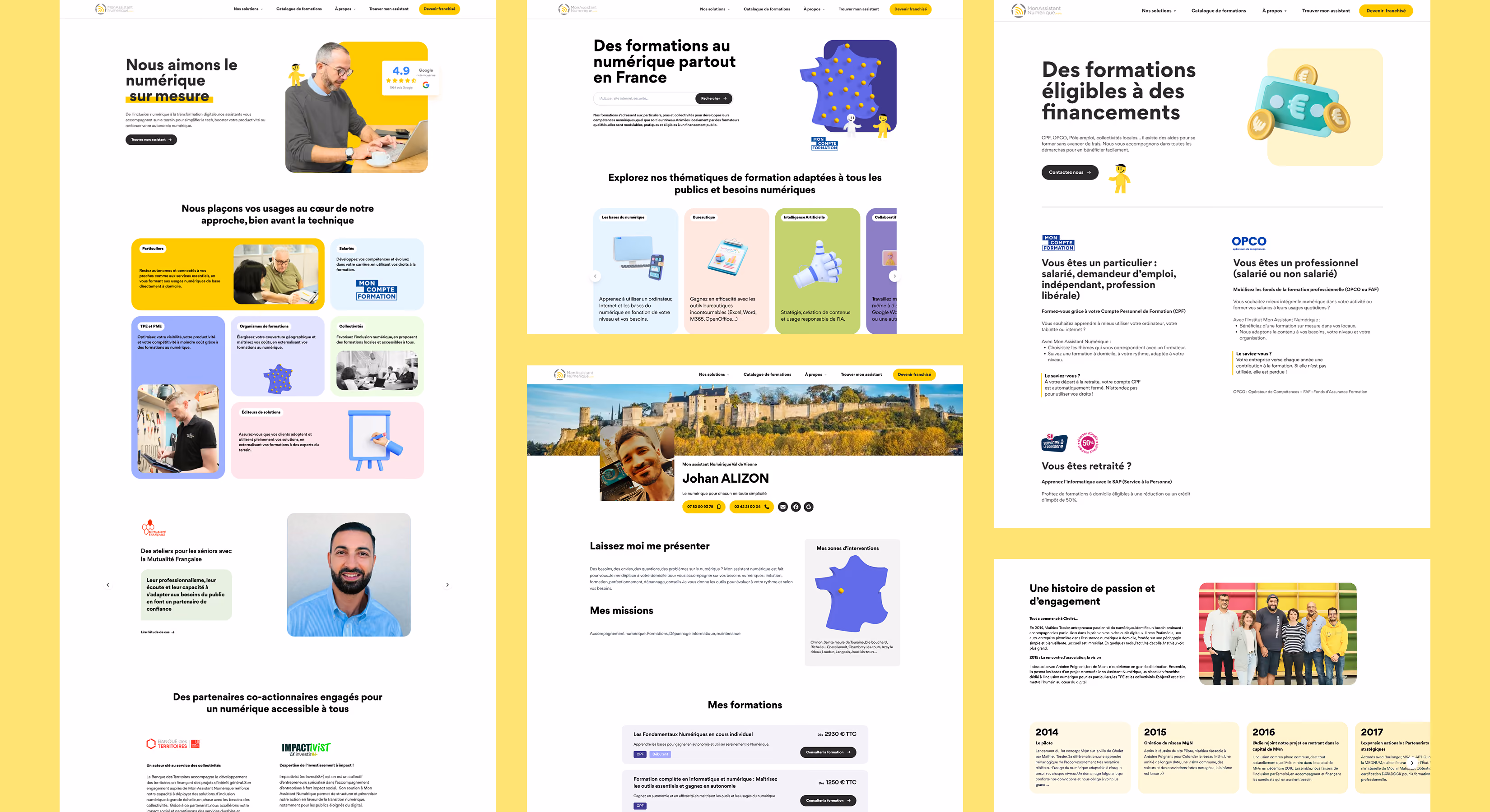 Trois pages du site Mon Assistant Numérique sur fond jaune