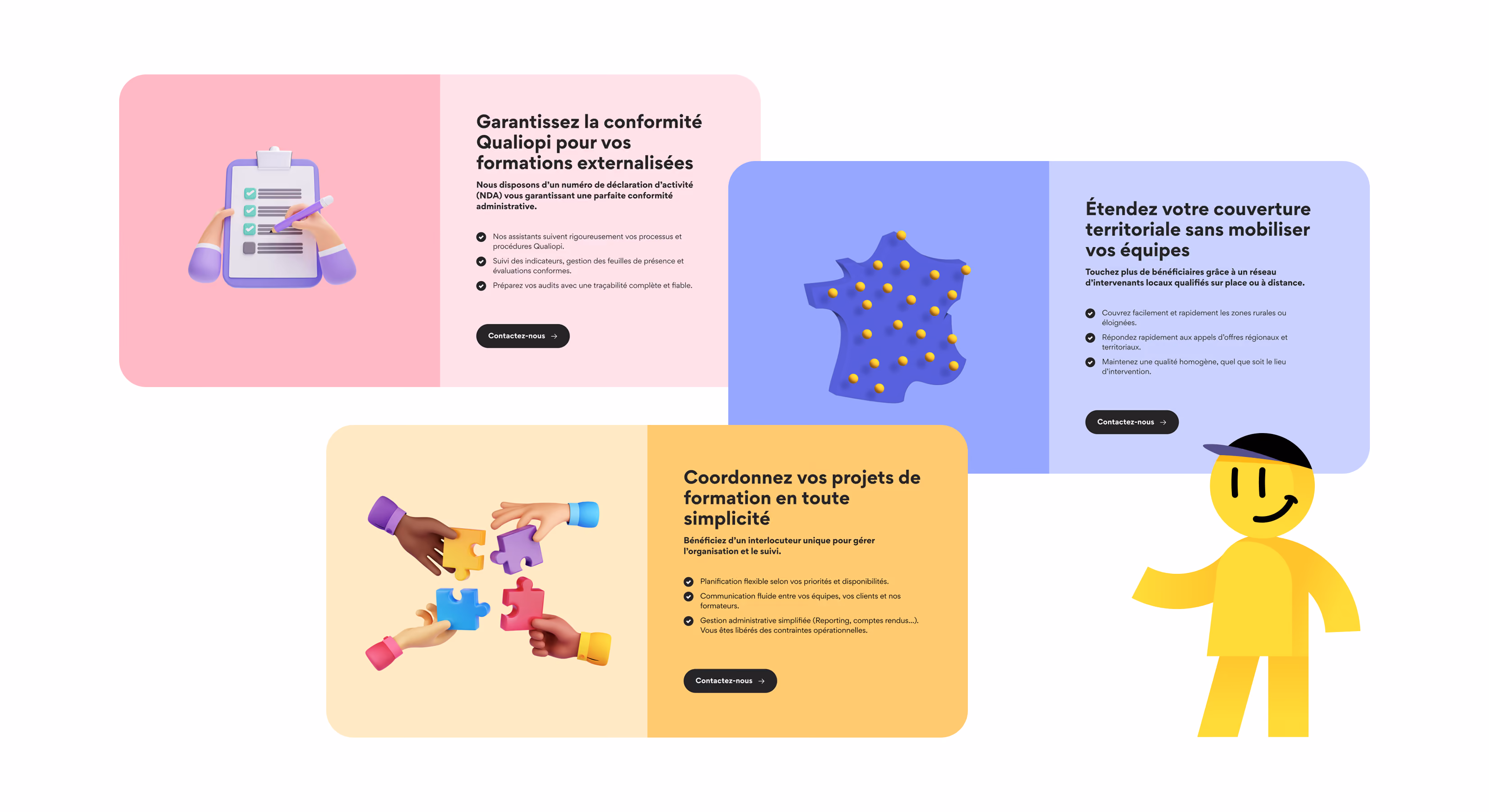 Quatre blocs du site : conformité Qualiopi, couverture territoriale, projets de formation