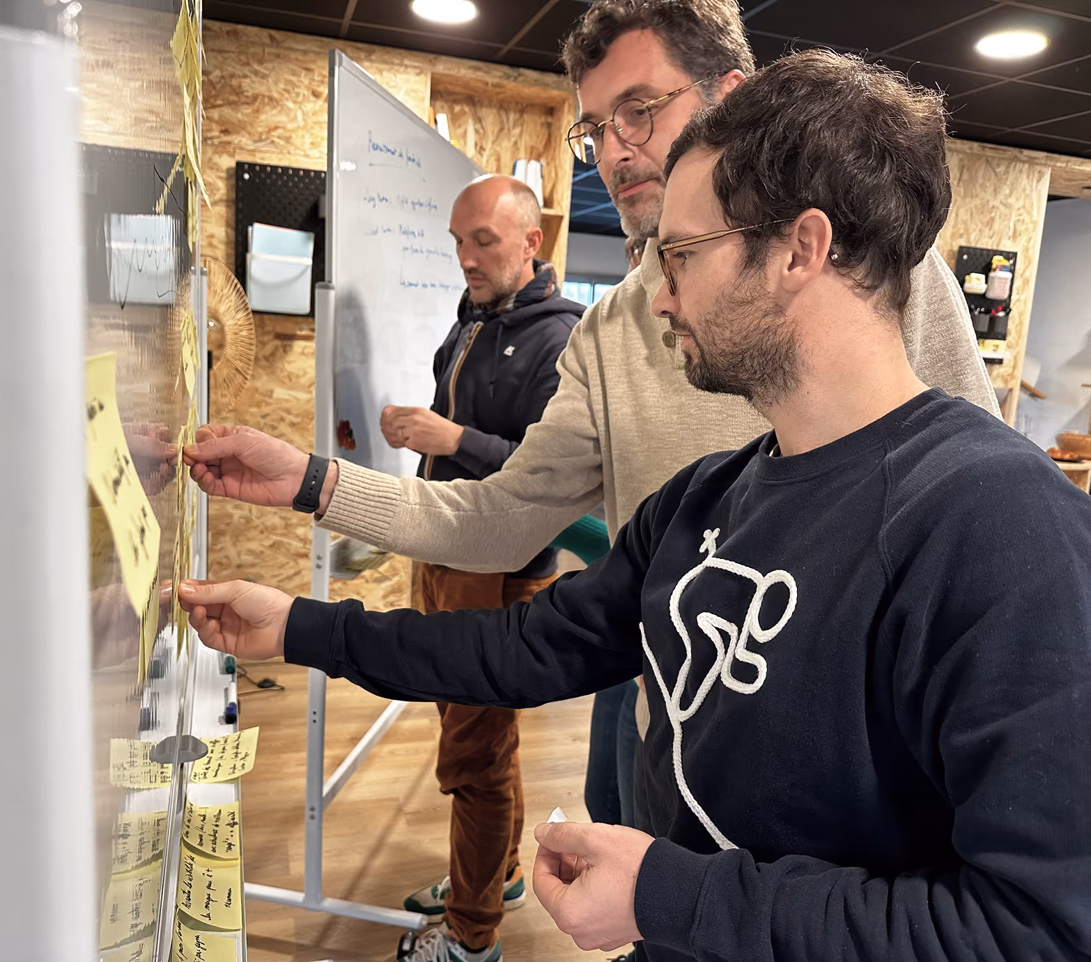 Deux participants collant des post-it sur un tableau lors d'un atelier