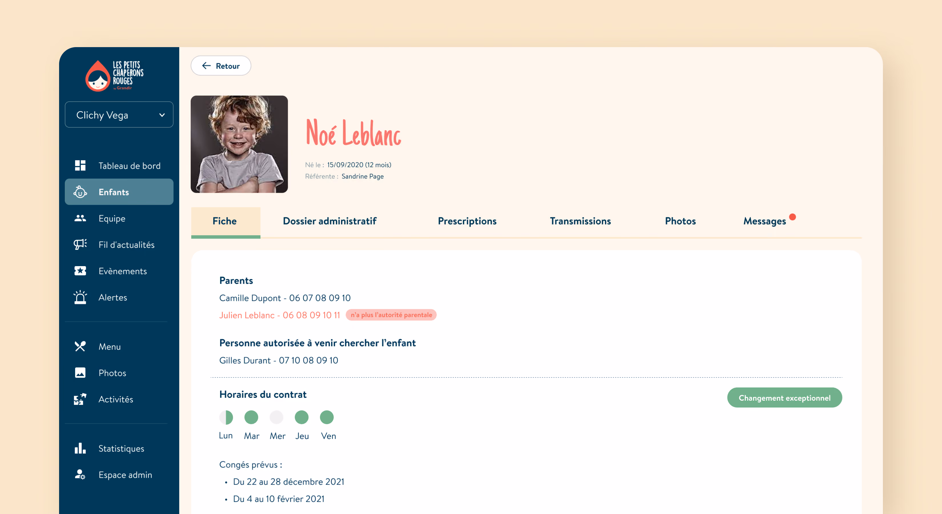 Fiche enfant « Noé Leblanc » dans l'application de la crèche