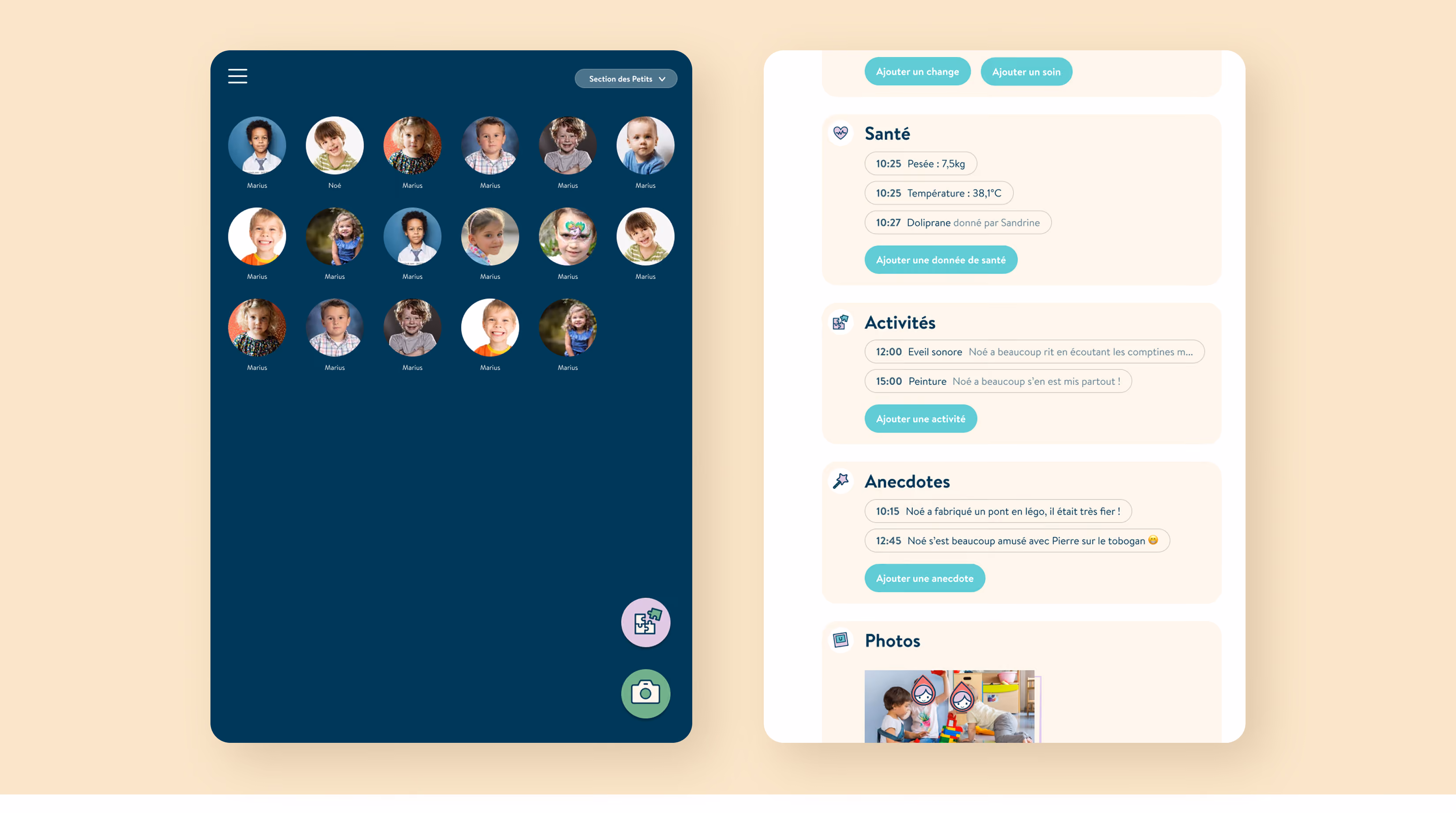 Application de la crèche : liste d'enfants et menu latéral bleu nuit