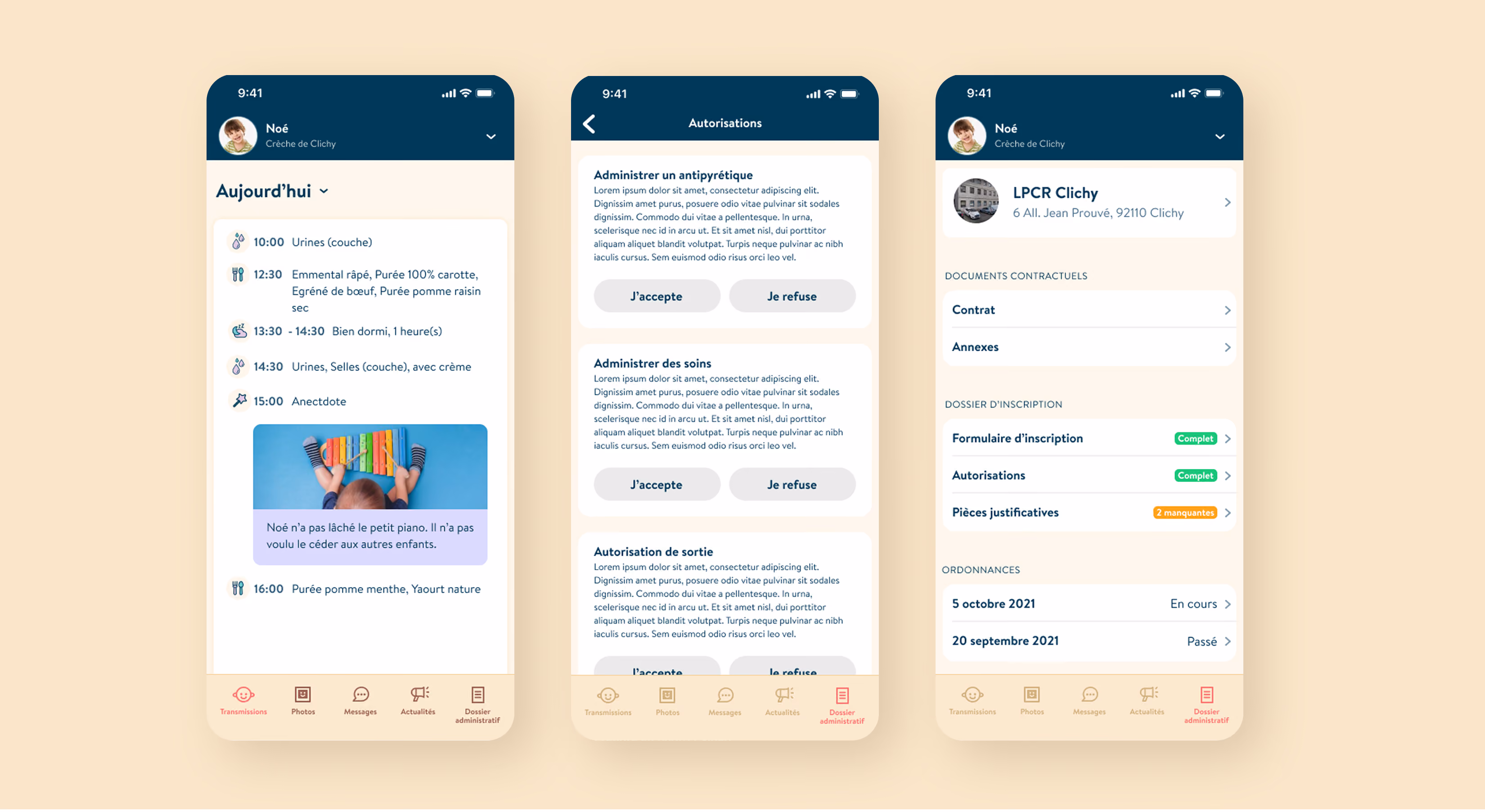 Trois écrans de smartphone de l'application Les Petits Chaperons Rouges