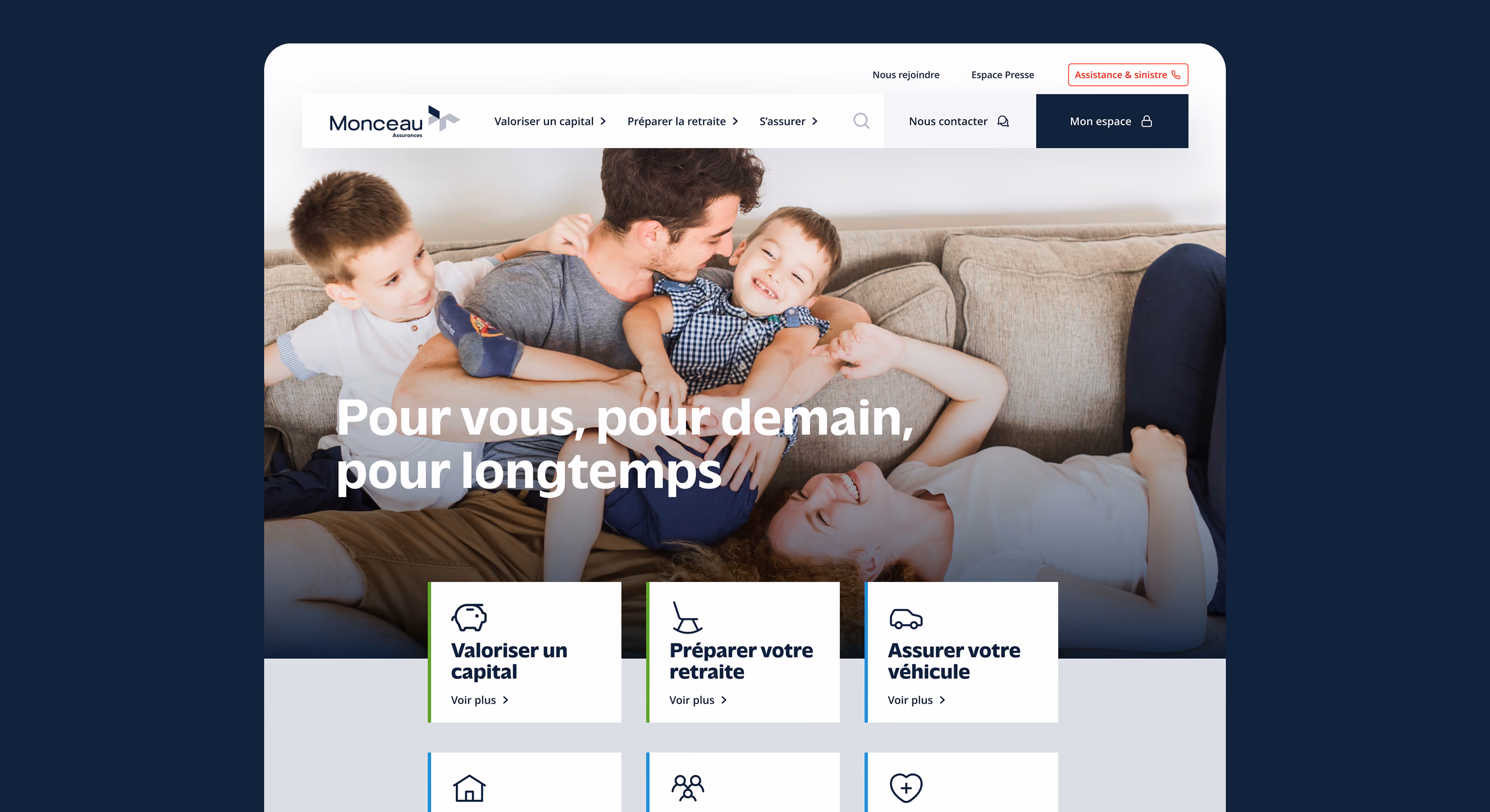 Page d'accueil du site Monceau Assurances : « Pour vous, pour demain, pour longtemps »