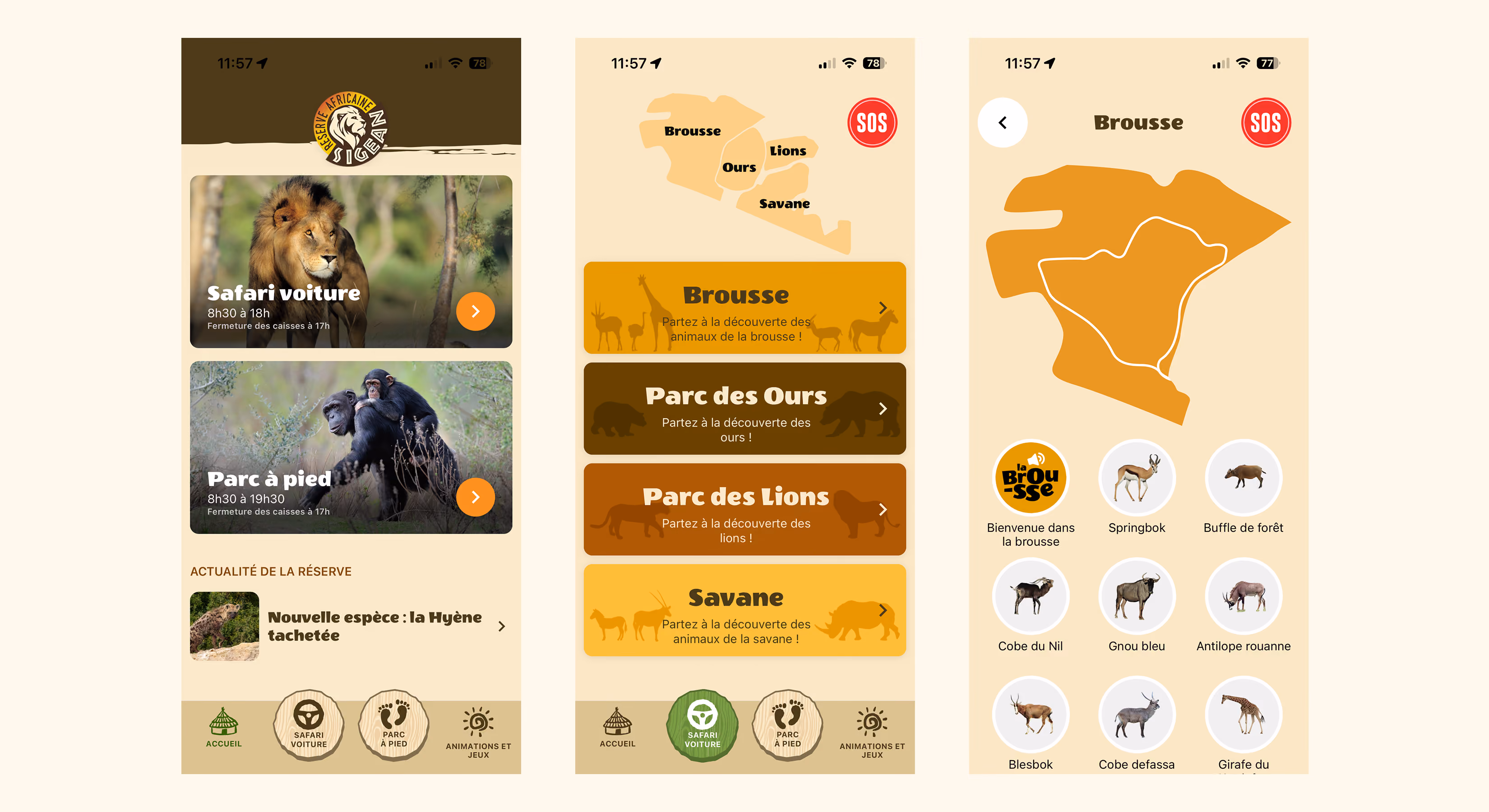 Trois écrans de l'application de la réserve : safari, parcours Brousse, Parc des Ours